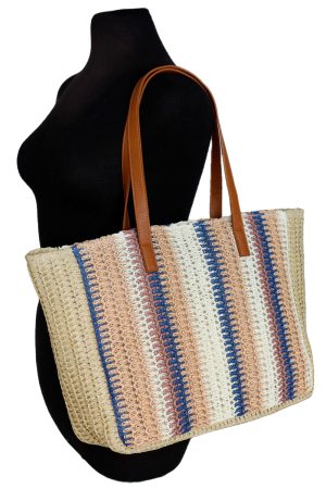 Boho Multi-Stripe Crochet Rattan Wide Beach Tote