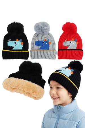 Kids Dinosaur Faux Fleece Lined Cable Knit Pom Pom Beanie