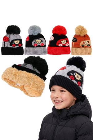 Kids Bear Car Faux Fleece Lined Cable Knit Pom Pom Beanie