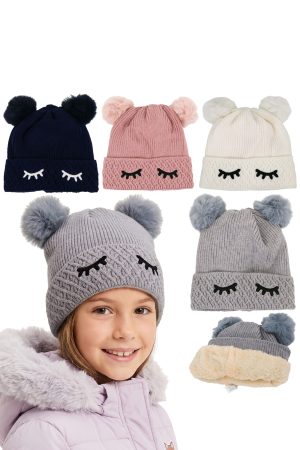 Kids Dreamy Eyes Double Pom Pom Diamond Knit Fleece Beanie