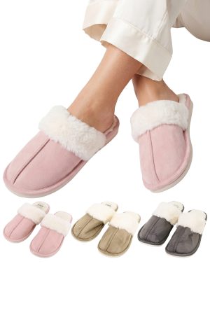 Women's Fluffy Fur Faux Suede Trim Slipper Mules
