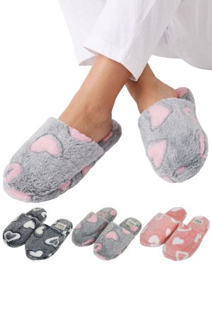 Cute Hearts Fuzzy Fleece Foam Lounge Slippers