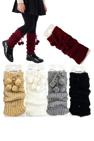 Kids Double Pom Pom Ribbed Knit Legwarmers