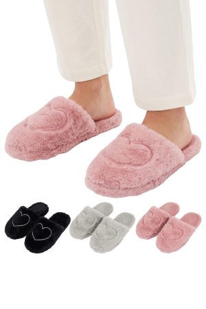 Big Heart Fuzzy Fleece Foam Lounge Slippers
