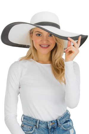 White Stripe Wide Brim Straw Sun Hat