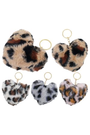 Assorted Leopard Patterned Heart Faux Fur Pom Pom Key Chain