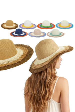 Multi-Color Triple Layered Fringe Straw Beach Sun Hat