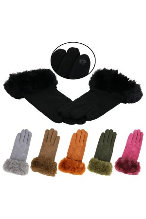 Women's Faux Fur Cuffed Diamond Suede Winter Gloves