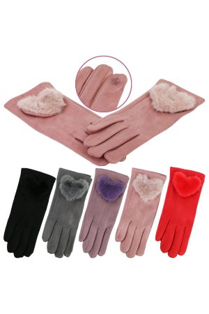 Women's Heart Fuzzy Faux Fur Accent Suede Winter Gloves