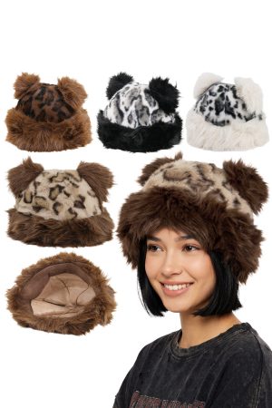 Chunky Leopard Fluffy Faux Fur Cuffed Ear Bucket Beanie Hat