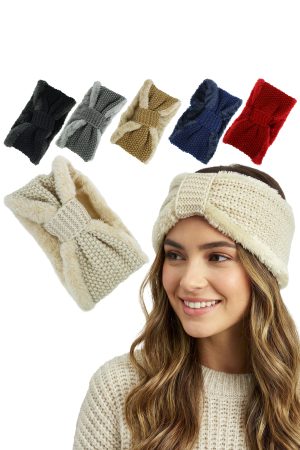 Ribbon Tie Front Knit Faux Sherpa Fur Lined Head Band