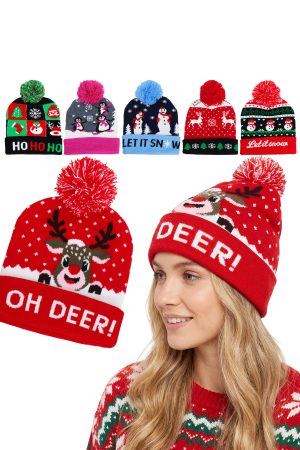 Assorted Christmas Festive Single Pom Pom Cuffed Beanie