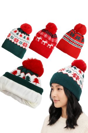 Christmas Fair Isle Fleece Lined Cuffed Pom Pom Beanie